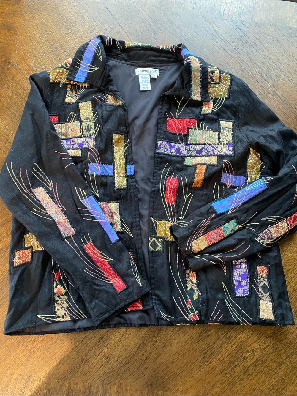 Coldwater Creek Black Embroidered Patchwork Blazer with Multicolor Accents